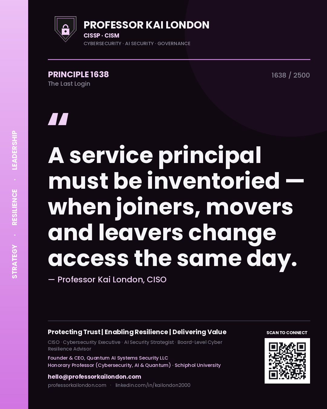 Quote card by Professor Kai London reading 'A service principal must be inventoried — when joiners, movers and leavers change access the same day.'. From the book The Last Login.