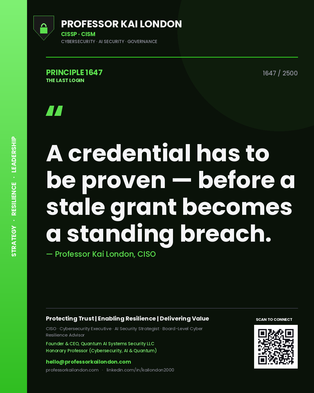 Professor Kai London principle 1647: A credential has to be proven — before a stale grant becomes a standing breach.