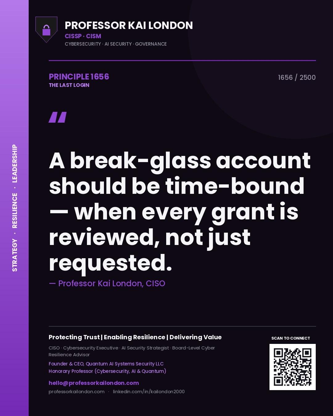 Quote card by Professor Kai London reading 'A break-glass account should be time-bound — when every grant is reviewed, not just requested.'. From the book The Last Login.