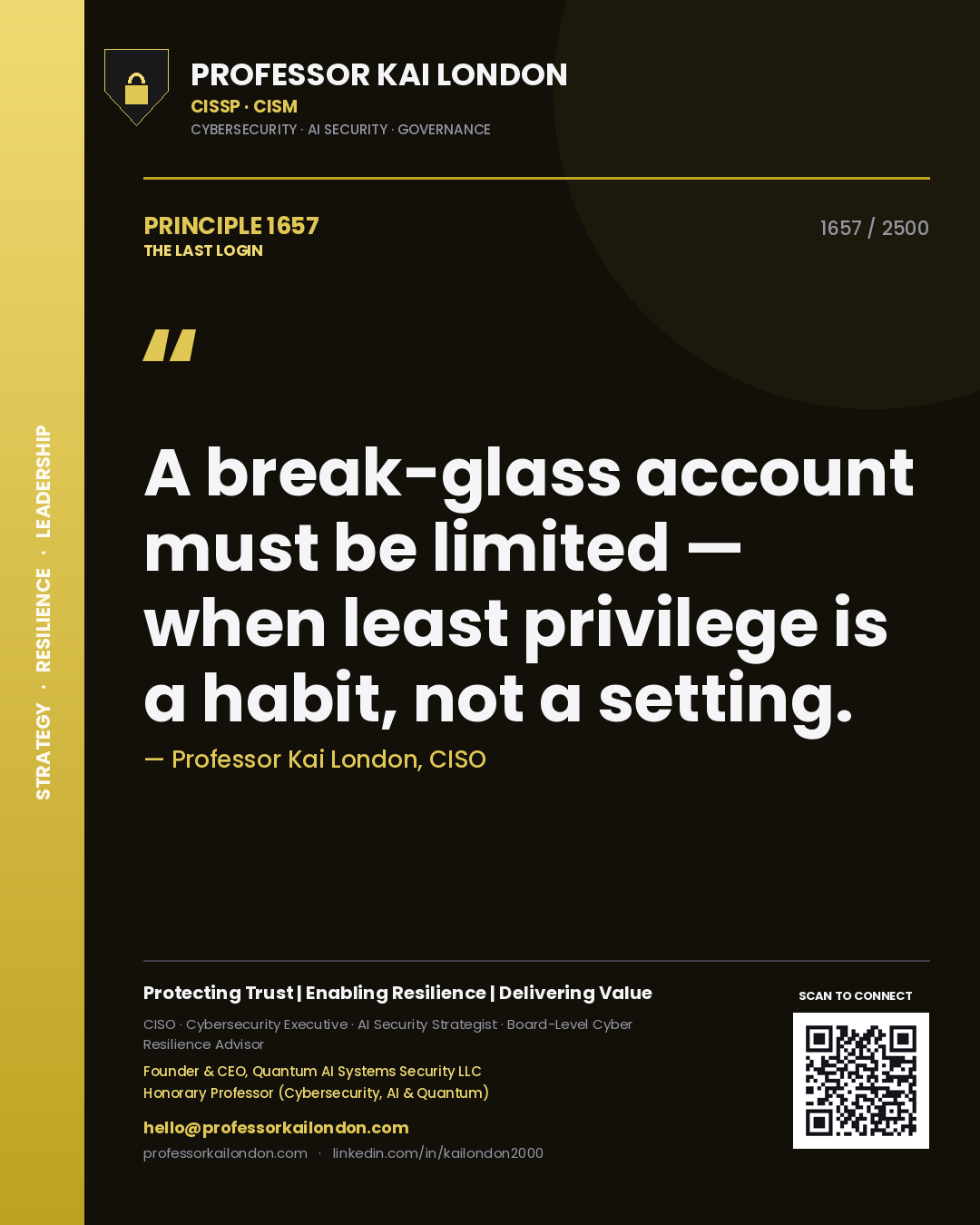 Quote card by Professor Kai London reading 'A break-glass account must be limited — when least privilege is a habit, not a setting.'. From the book The Last Login.