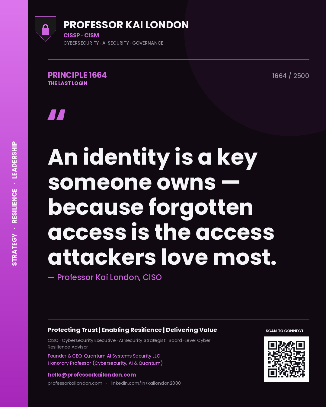 Professor Kai London principle 1664: An identity is a key someone owns — because forgotten access is the access attackers love most.