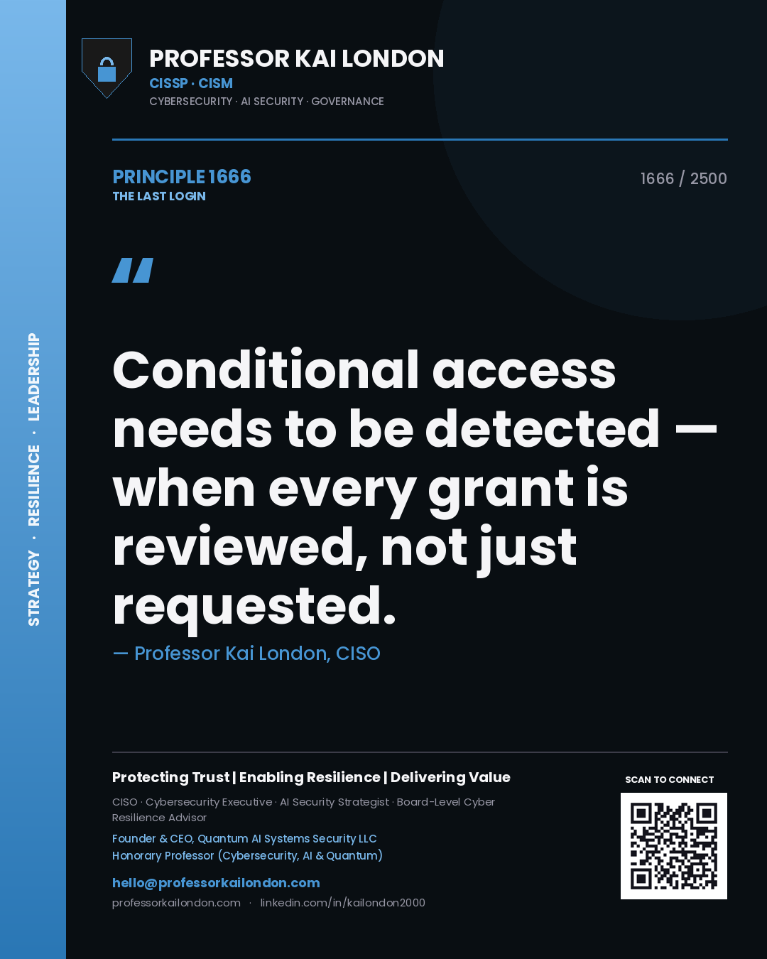 Quote card by Professor Kai London reading 'Conditional access needs to be detected — when every grant is reviewed, not just requested.'. From the book The Last Login.