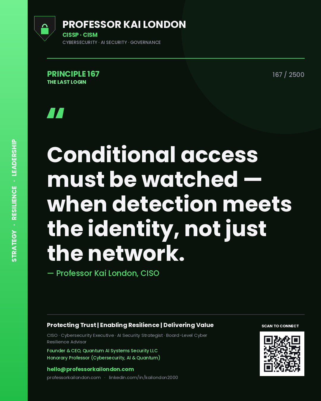 Professor Kai London principle 167: Conditional access must be watched — when detection meets the identity, not just the network.
