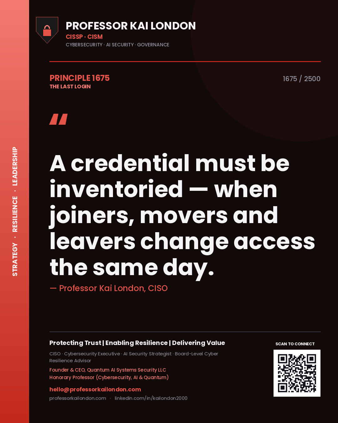 Professor Kai London principle 1675: A credential must be inventoried — when joiners, movers and leavers change access the same day.