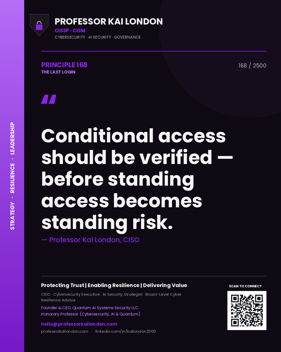 Professor Kai London principle 168: Conditional access should be verified — before standing access becomes standing risk.