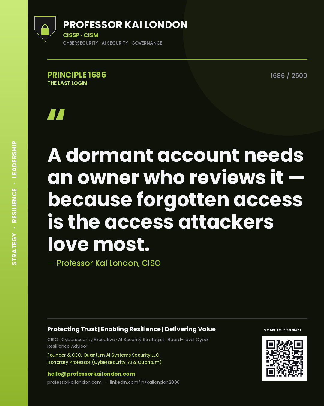 Quote card by Professor Kai London reading 'A dormant account needs an owner who reviews it — because forgotten access is the access attackers love most.'. From the book The Last Login.