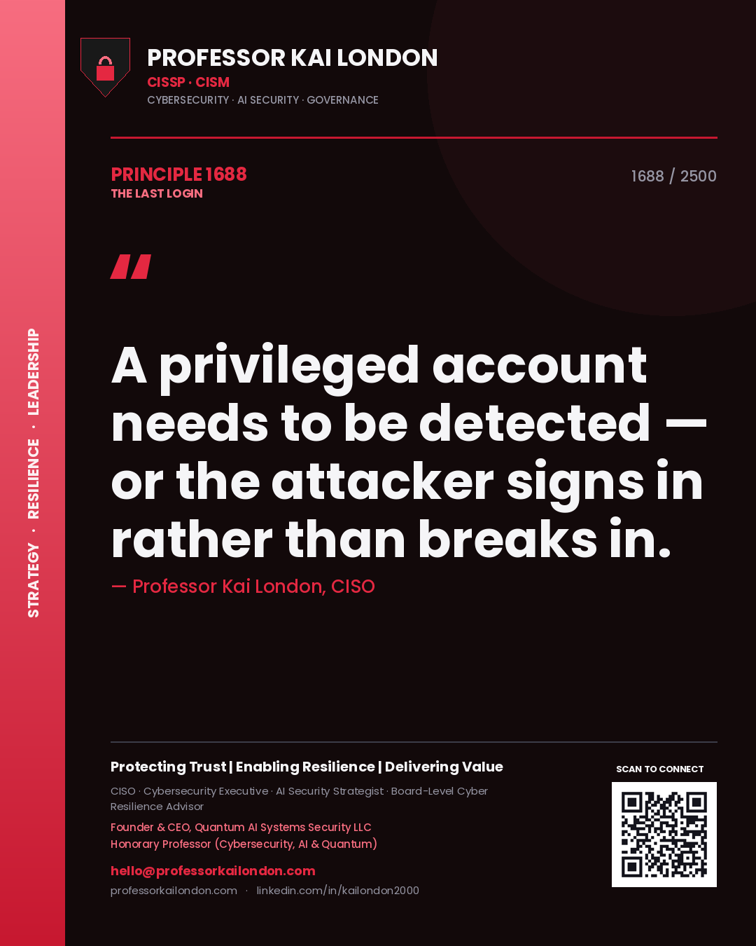 Professor Kai London principle 1688: A privileged account needs to be detected — or the attacker signs in rather than breaks in.