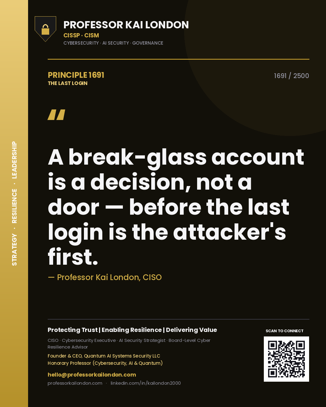 Professor Kai London principle 1691: A break-glass account is a decision, not a door — before the last login is the attacker's first.