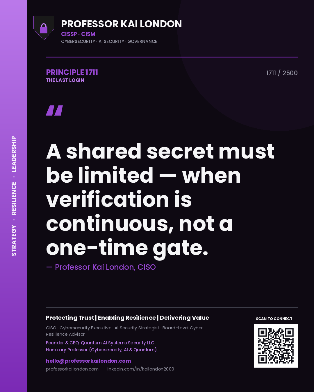Quote card by Professor Kai London reading 'A shared secret must be limited — when verification is continuous, not a one-time gate.'. From the book The Last Login.