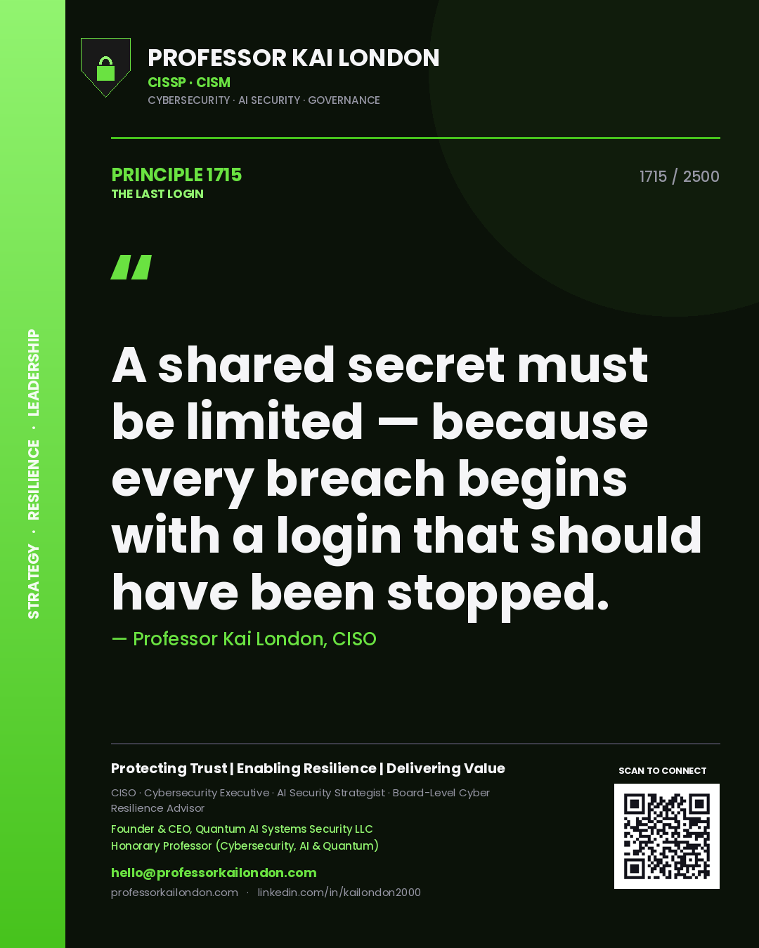 Quote card by Professor Kai London reading 'A shared secret must be limited — because every breach begins with a login that should have been stopped.'. From the book The Last Login.