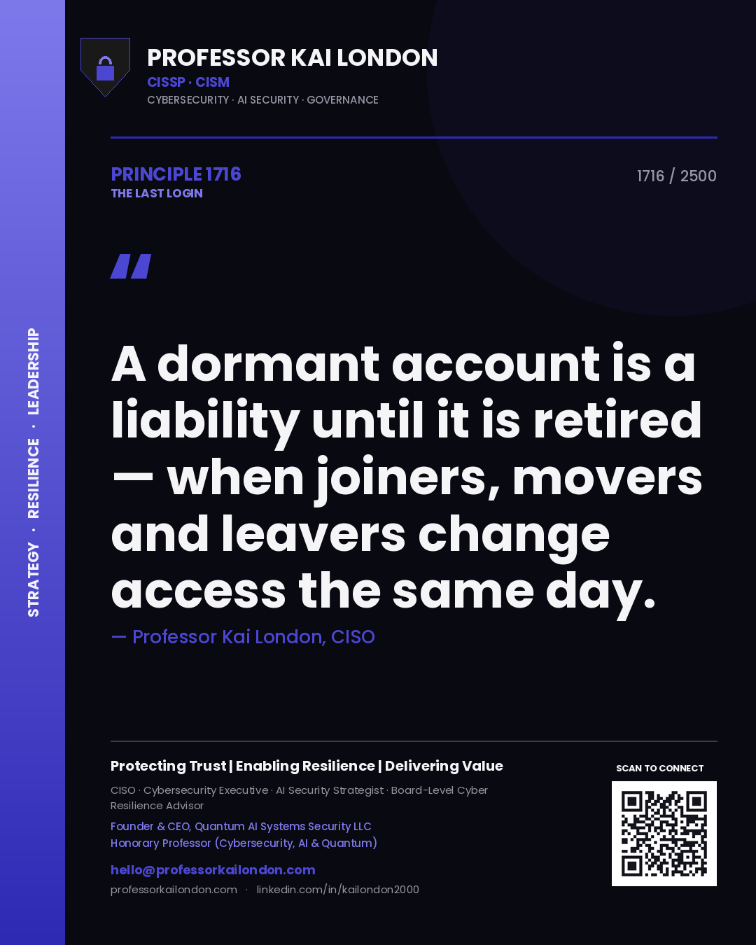 Professor Kai London principle 1716: A dormant account is a liability until it is retired — when joiners, movers and leavers change access the same day.