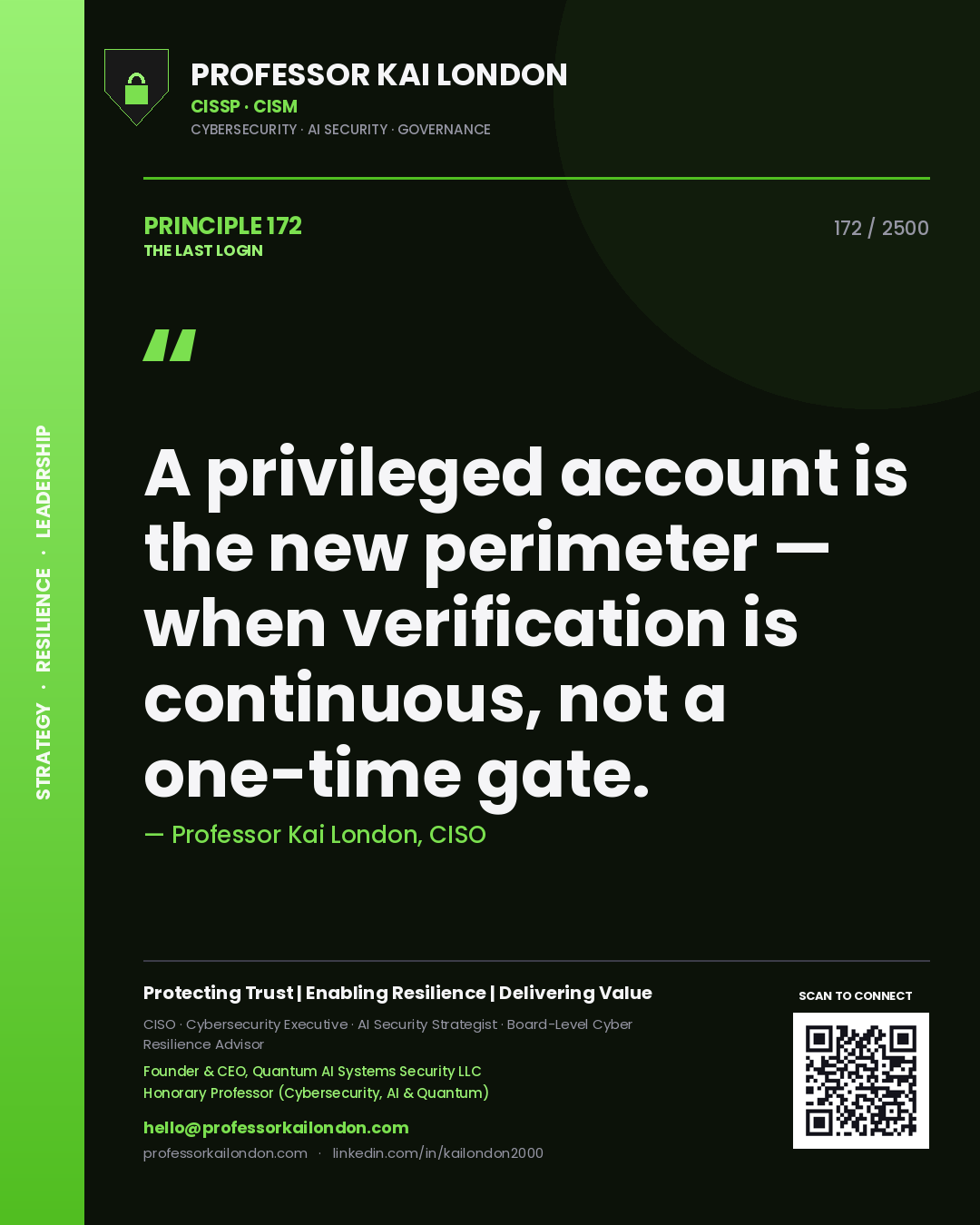Professor Kai London principle 172: A privileged account is the new perimeter — when verification is continuous, not a one-time gate.