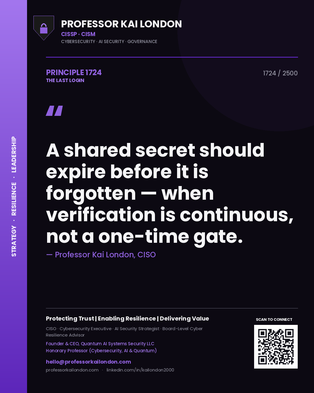 Quote card by Professor Kai London reading 'A shared secret should expire before it is forgotten — when verification is continuous, not a one-time gate.'. From the book The Last Login.