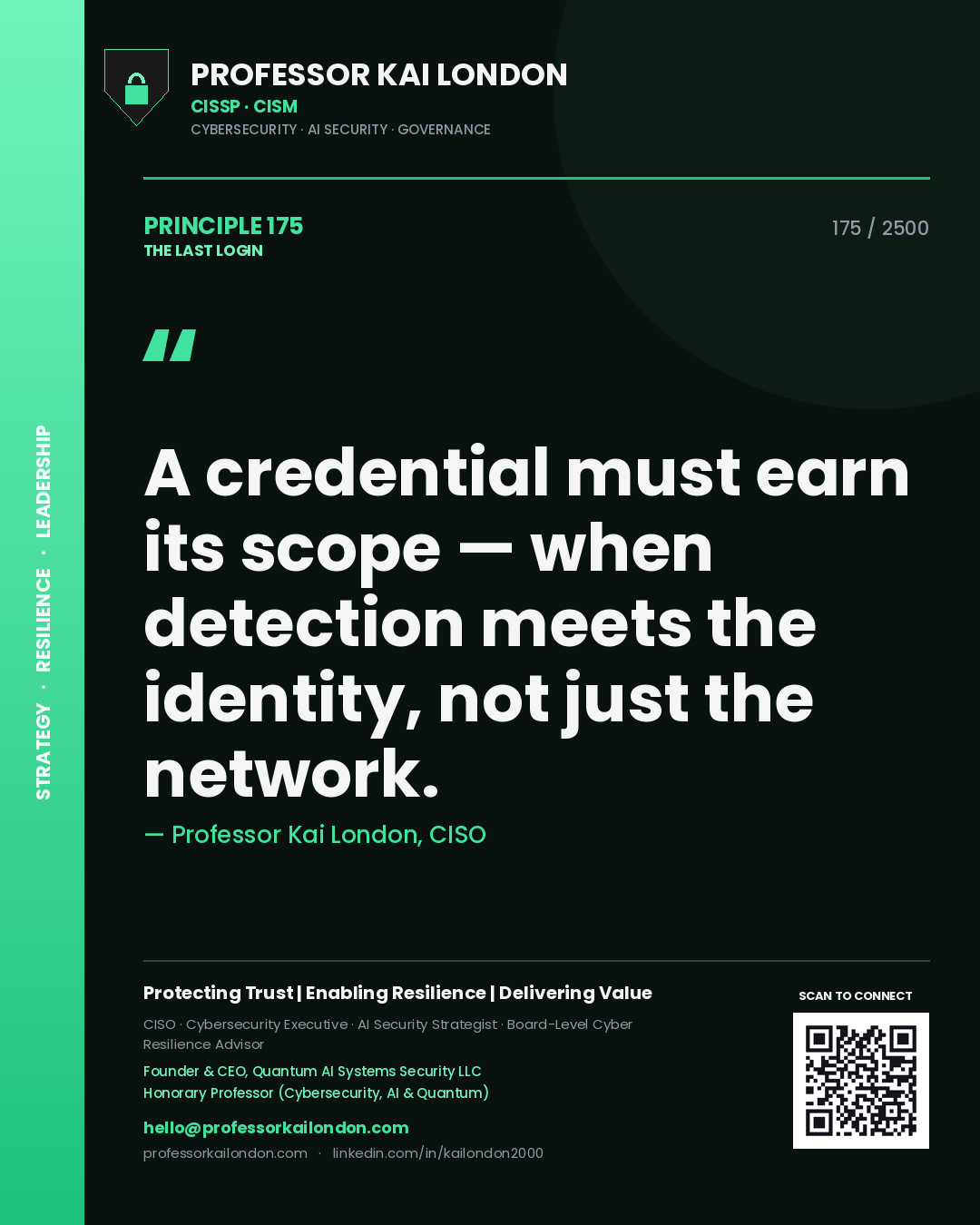 Quote card by Professor Kai London reading 'A credential must earn its scope — when detection meets the identity, not just the network.'. From the book The Last Login.