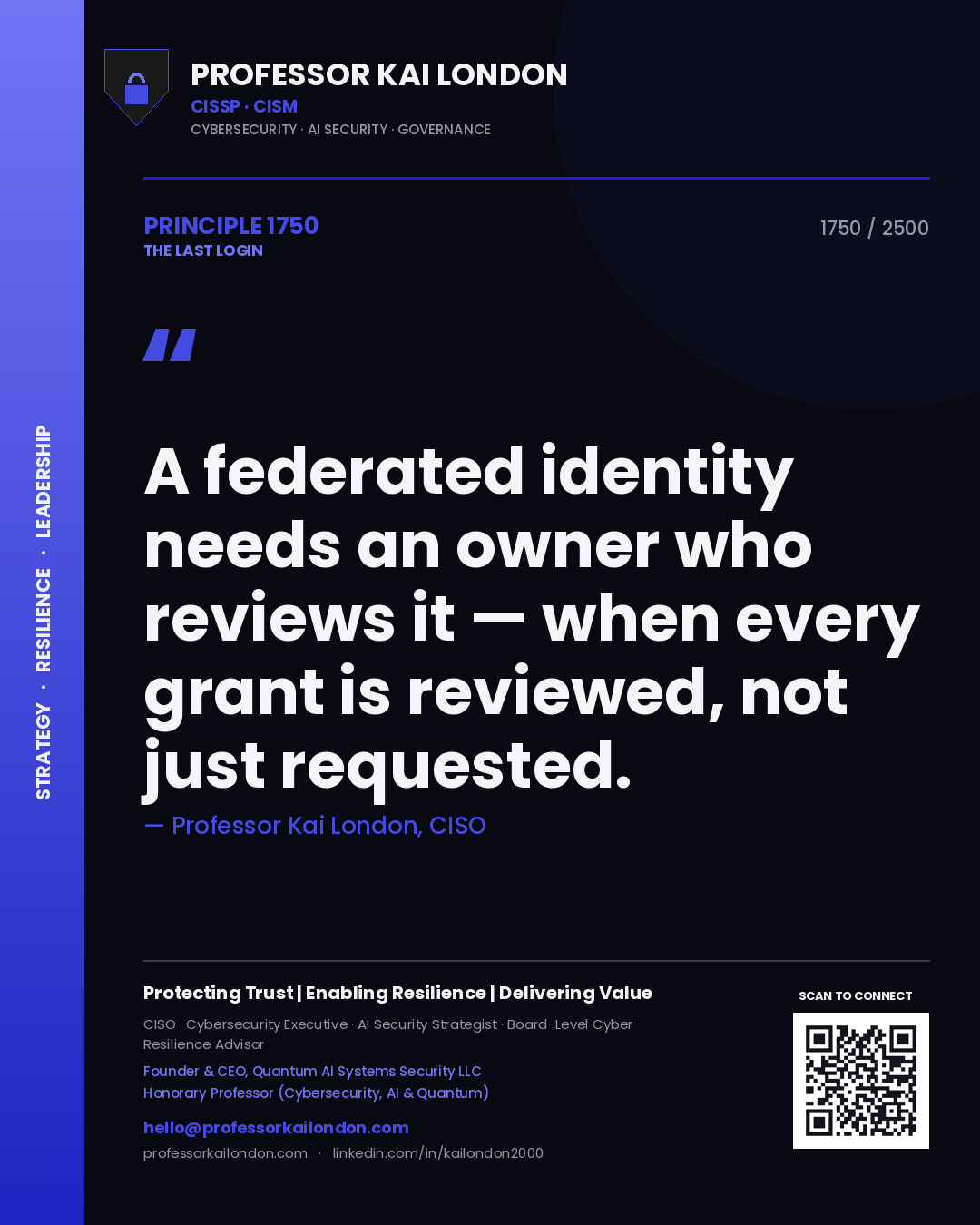 Quote card by Professor Kai London reading 'A federated identity needs an owner who reviews it — when every grant is reviewed, not just requested.'. From the book The Last Login.