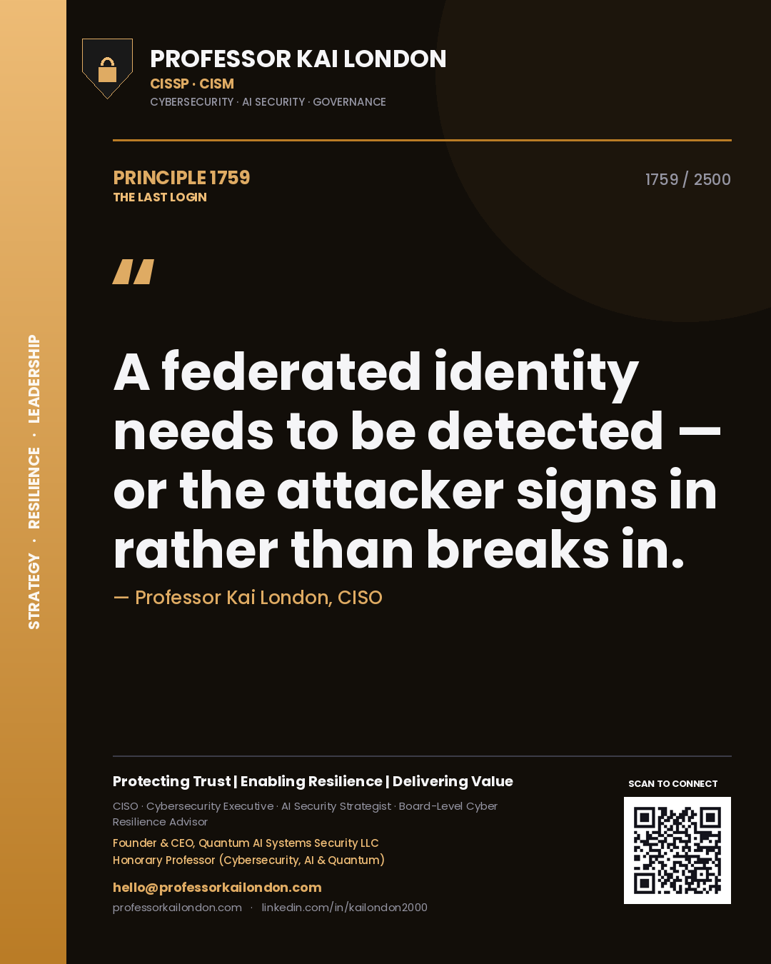 Professor Kai London principle 1759: A federated identity needs to be detected — or the attacker signs in rather than breaks in.