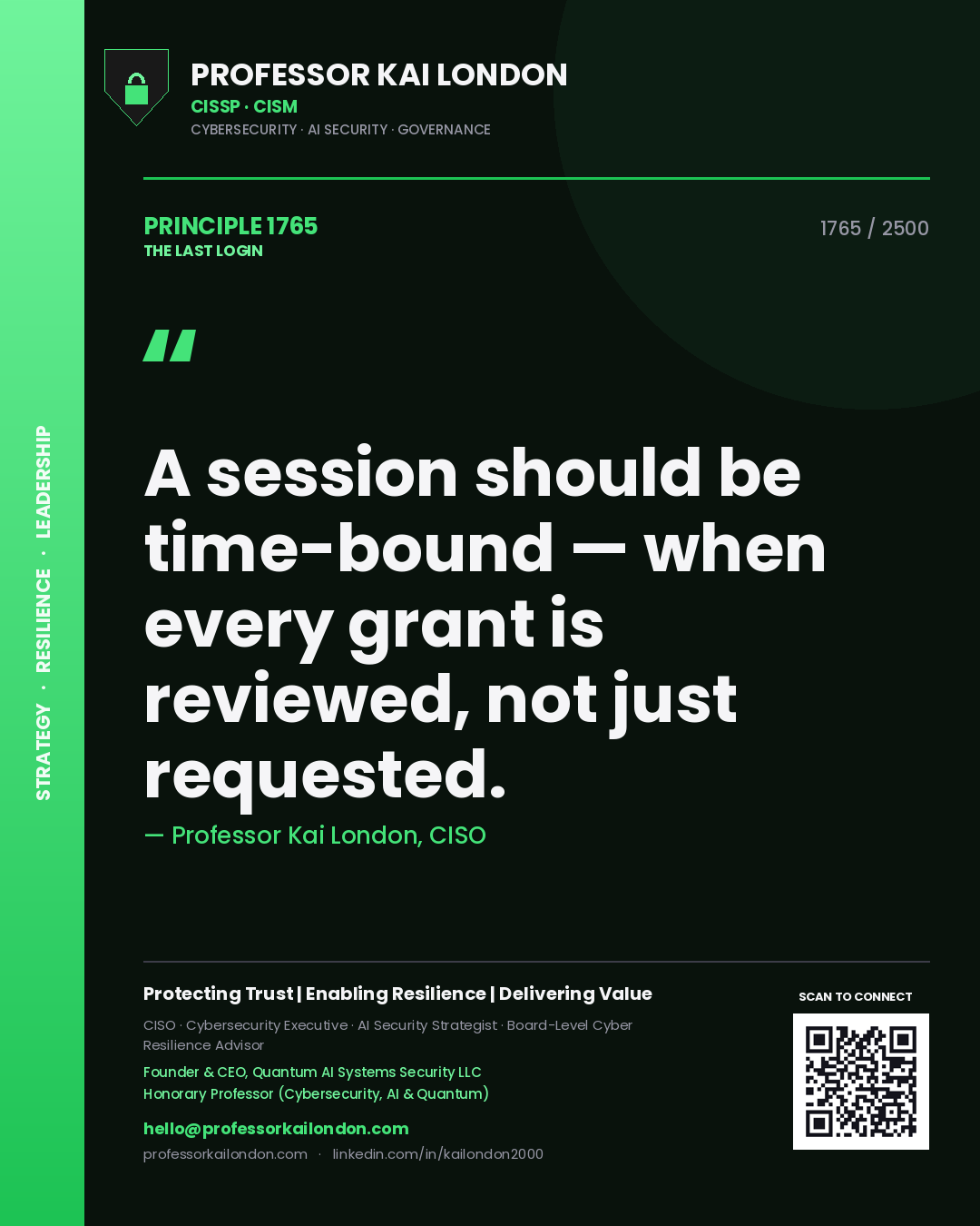 Quote card by Professor Kai London reading 'A session should be time-bound — when every grant is reviewed, not just requested.'. From the book The Last Login.