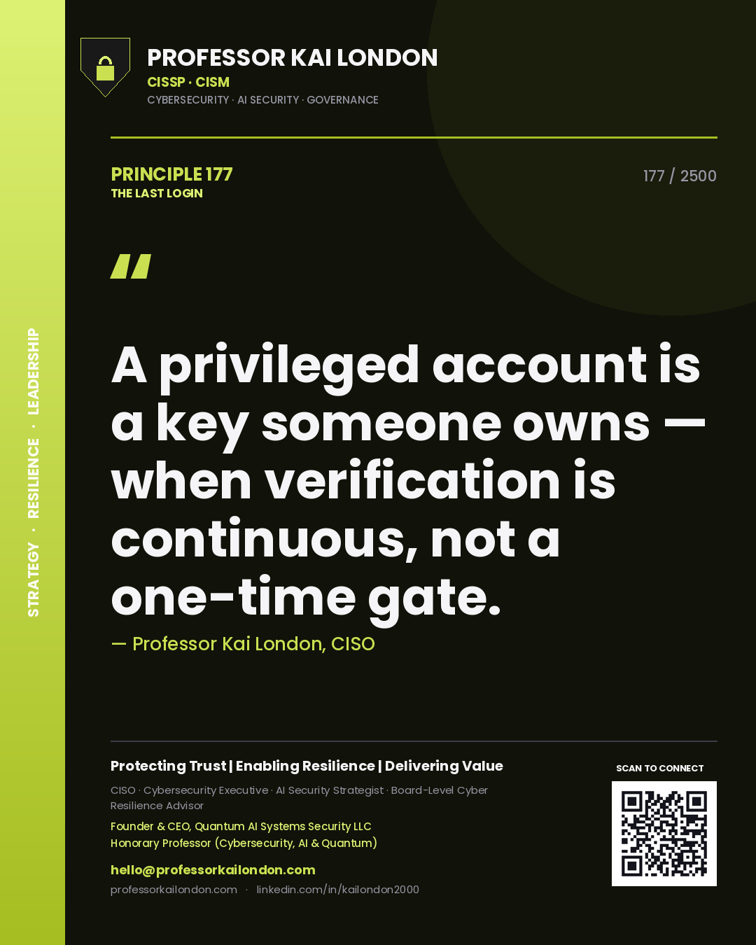 Professor Kai London principle 177: A privileged account is a key someone owns — when verification is continuous, not a one-time gate.