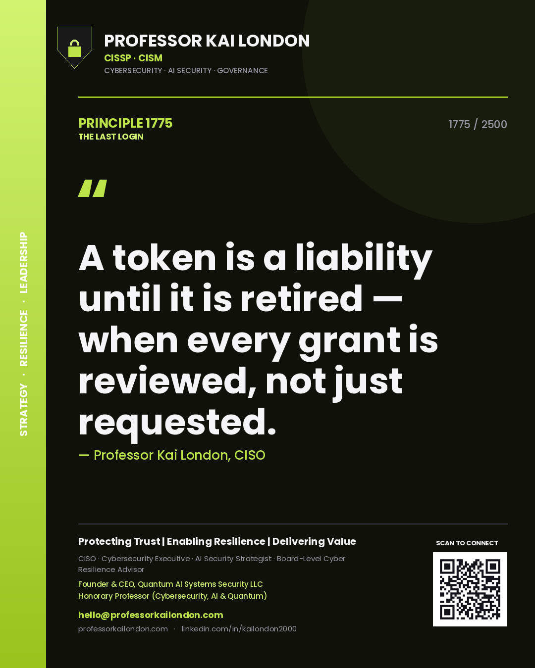 Quote card by Professor Kai London reading 'A token is a liability until it is retired — when every grant is reviewed, not just requested.'. From the book The Last Login.