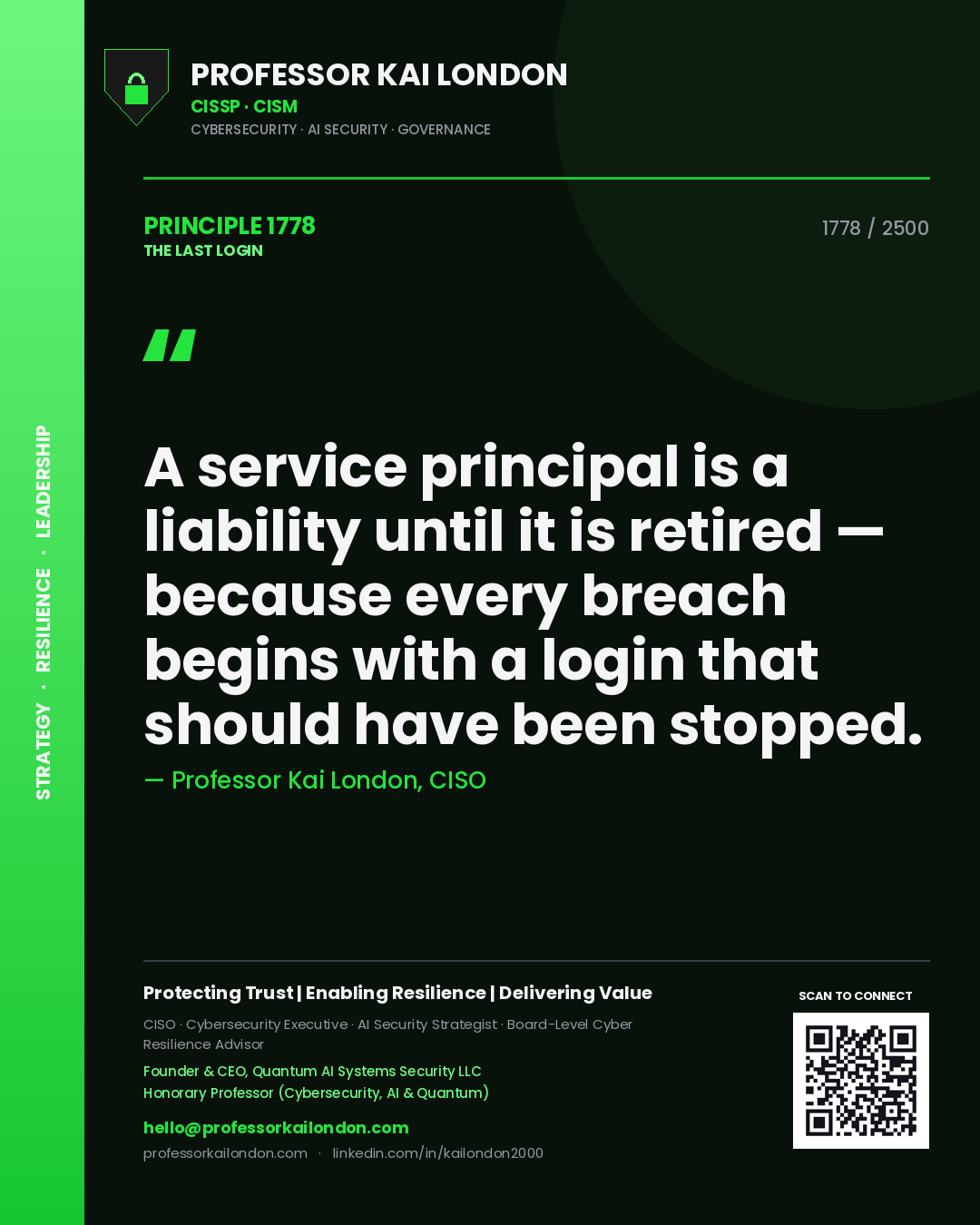 Quote card by Professor Kai London reading 'A service principal is a liability until it is retired — because every breach begins with a login that should have been stopped.'. From the book The Last Login.