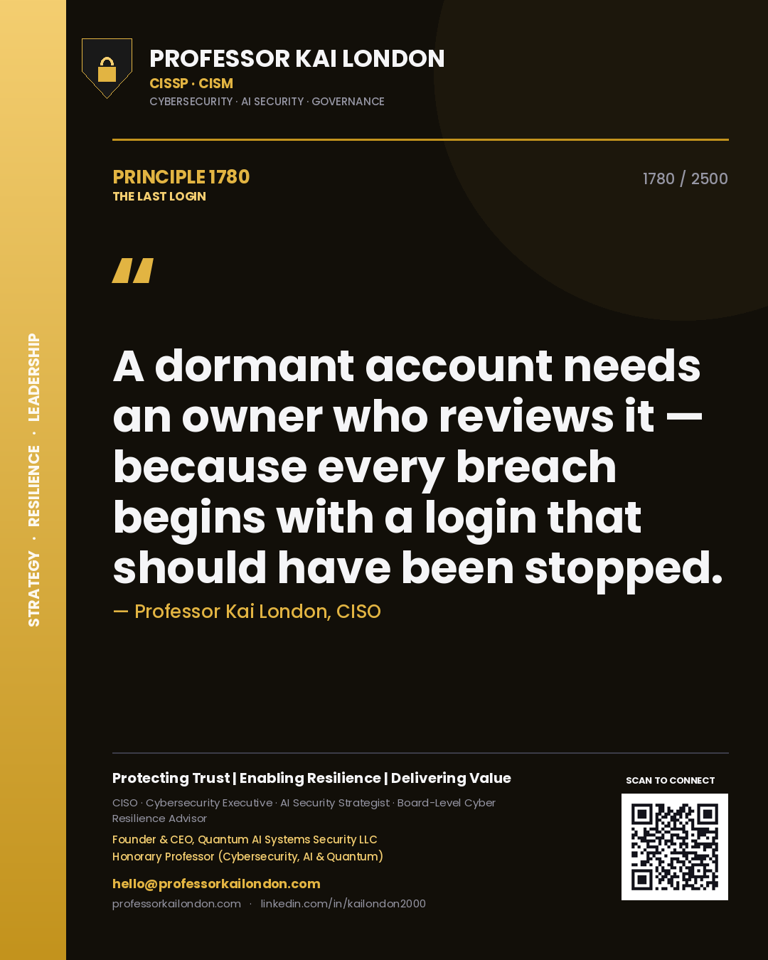 Quote card by Professor Kai London reading 'A dormant account needs an owner who reviews it — because every breach begins with a login that should have been stopped.'. From the book The Last Login.