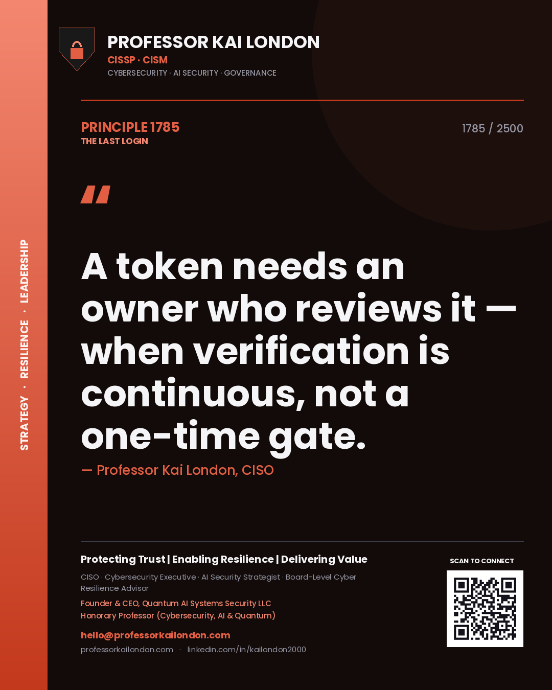 Professor Kai London principle 1785: A token needs an owner who reviews it — when verification is continuous, not a one-time gate.