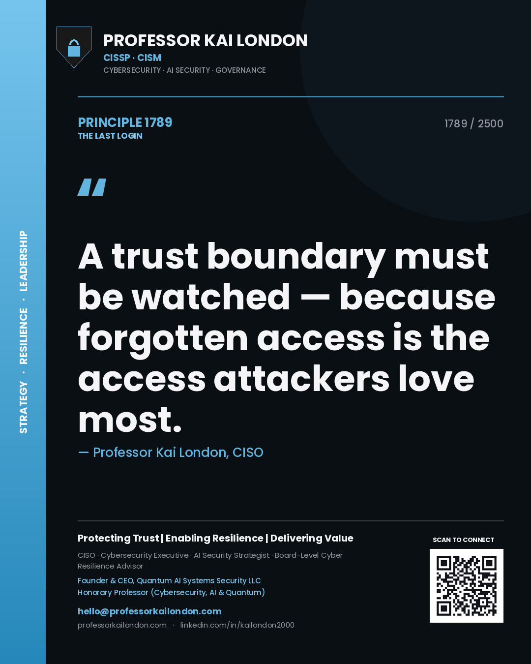 Professor Kai London principle 1789: A trust boundary must be watched — because forgotten access is the access attackers love most.
