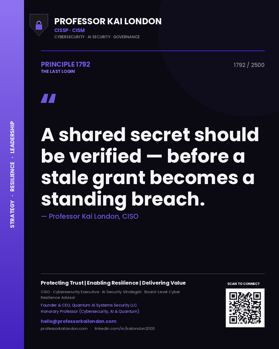 Quote card by Professor Kai London reading 'A shared secret should be verified — before a stale grant becomes a standing breach.'. From the book The Last Login.