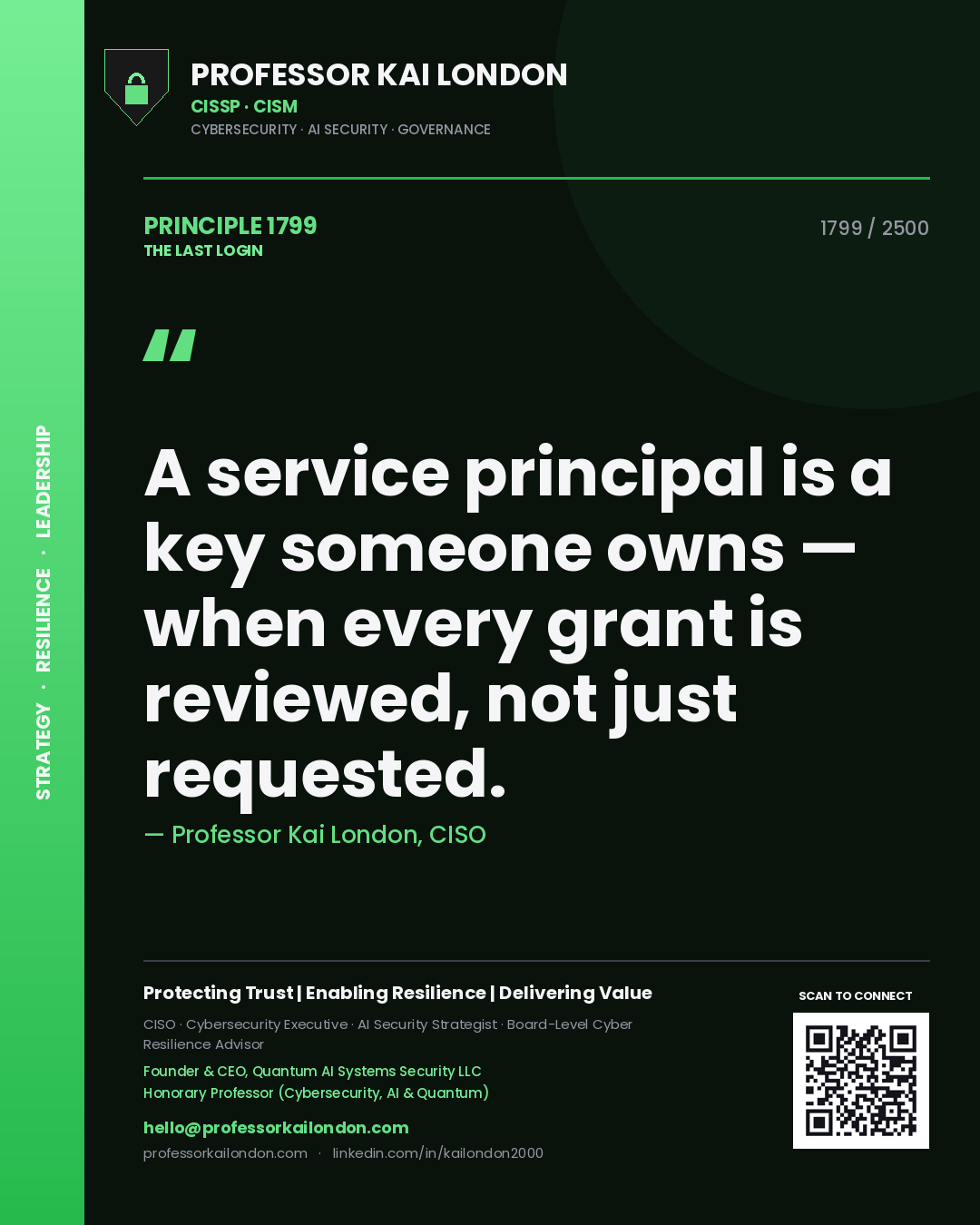 Professor Kai London principle 1799: A service principal is a key someone owns — when every grant is reviewed, not just requested.