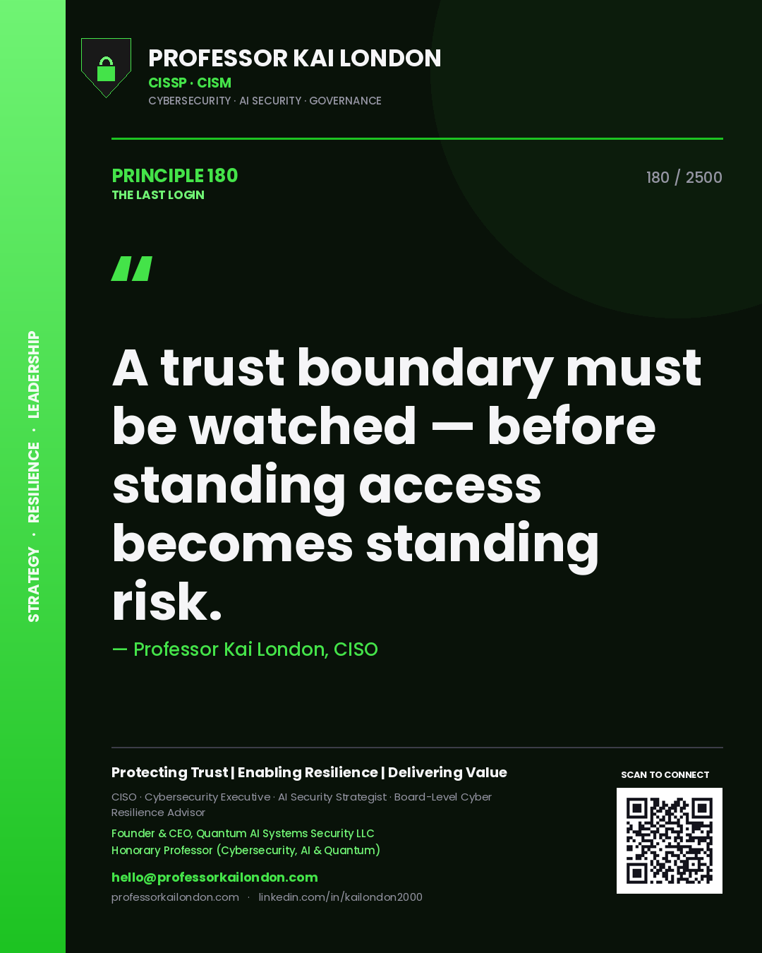 Professor Kai London principle 180: A trust boundary must be watched — before standing access becomes standing risk.