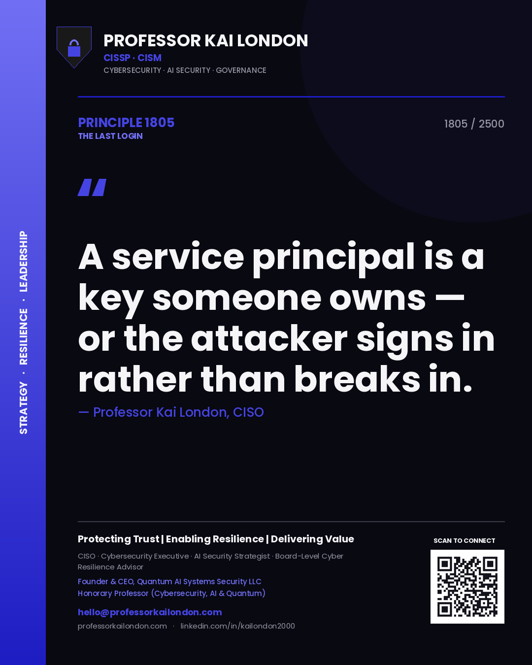 Quote card by Professor Kai London reading 'A service principal is a key someone owns — or the attacker signs in rather than breaks in.'. From the book The Last Login.