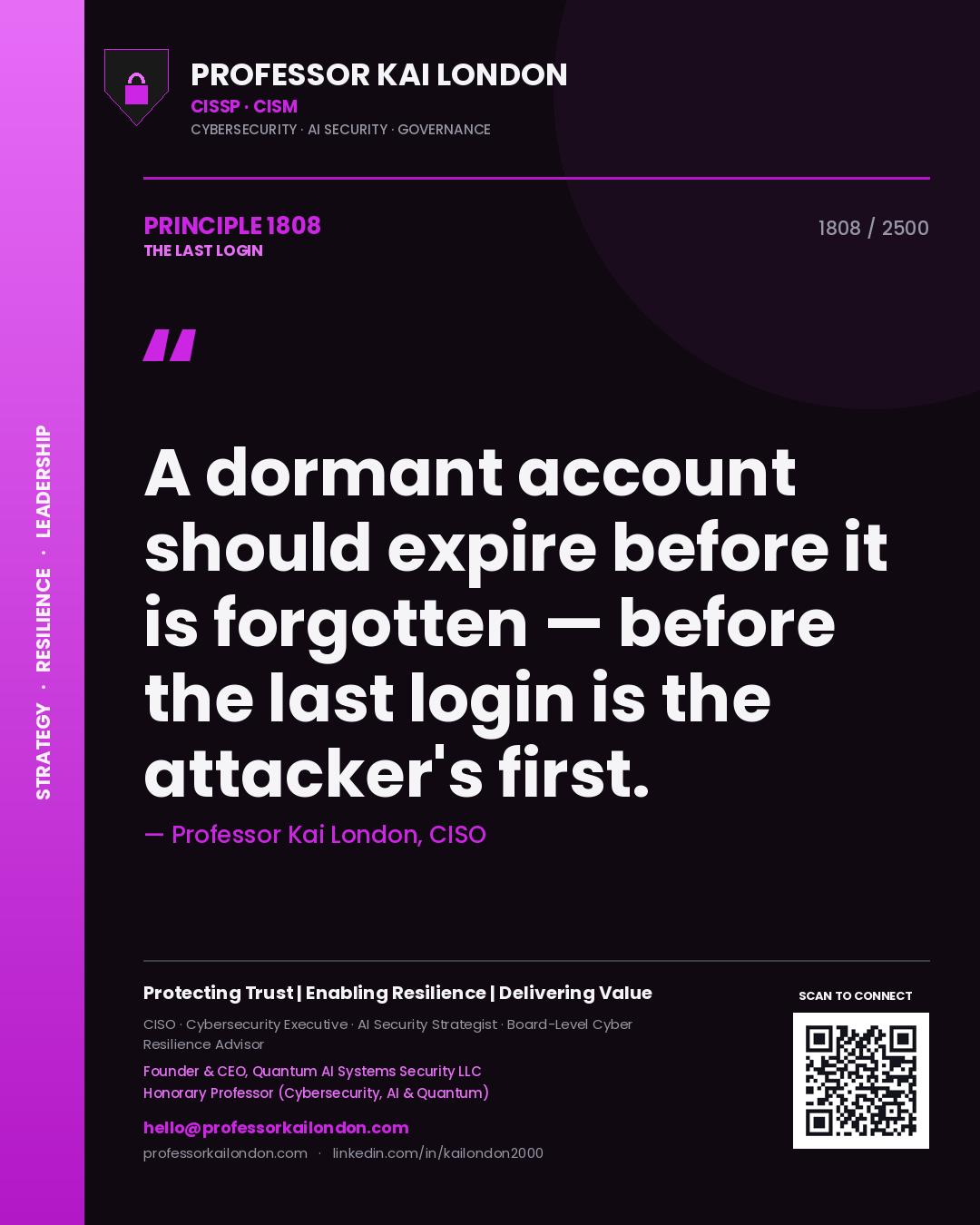 Professor Kai London principle 1808: A dormant account should expire before it is forgotten — before the last login is the attacker's first.