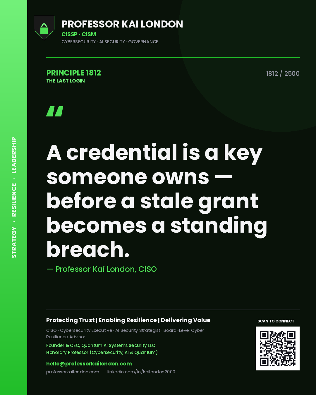 Professor Kai London principle 1812: A credential is a key someone owns — before a stale grant becomes a standing breach.