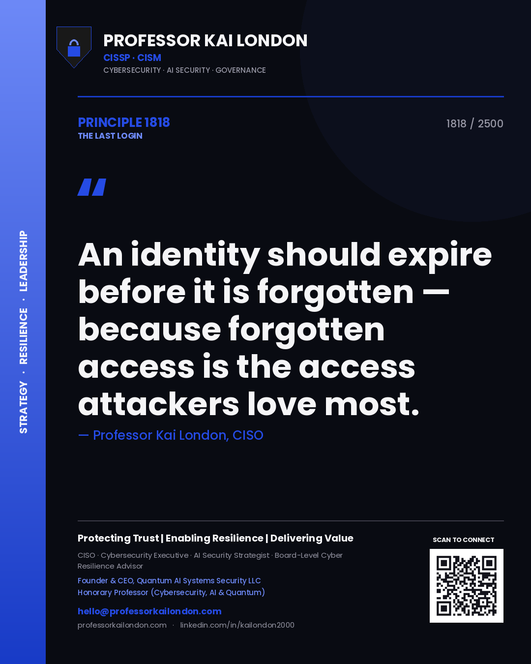 Professor Kai London principle 1818: An identity should expire before it is forgotten — because forgotten access is the access attackers love most.