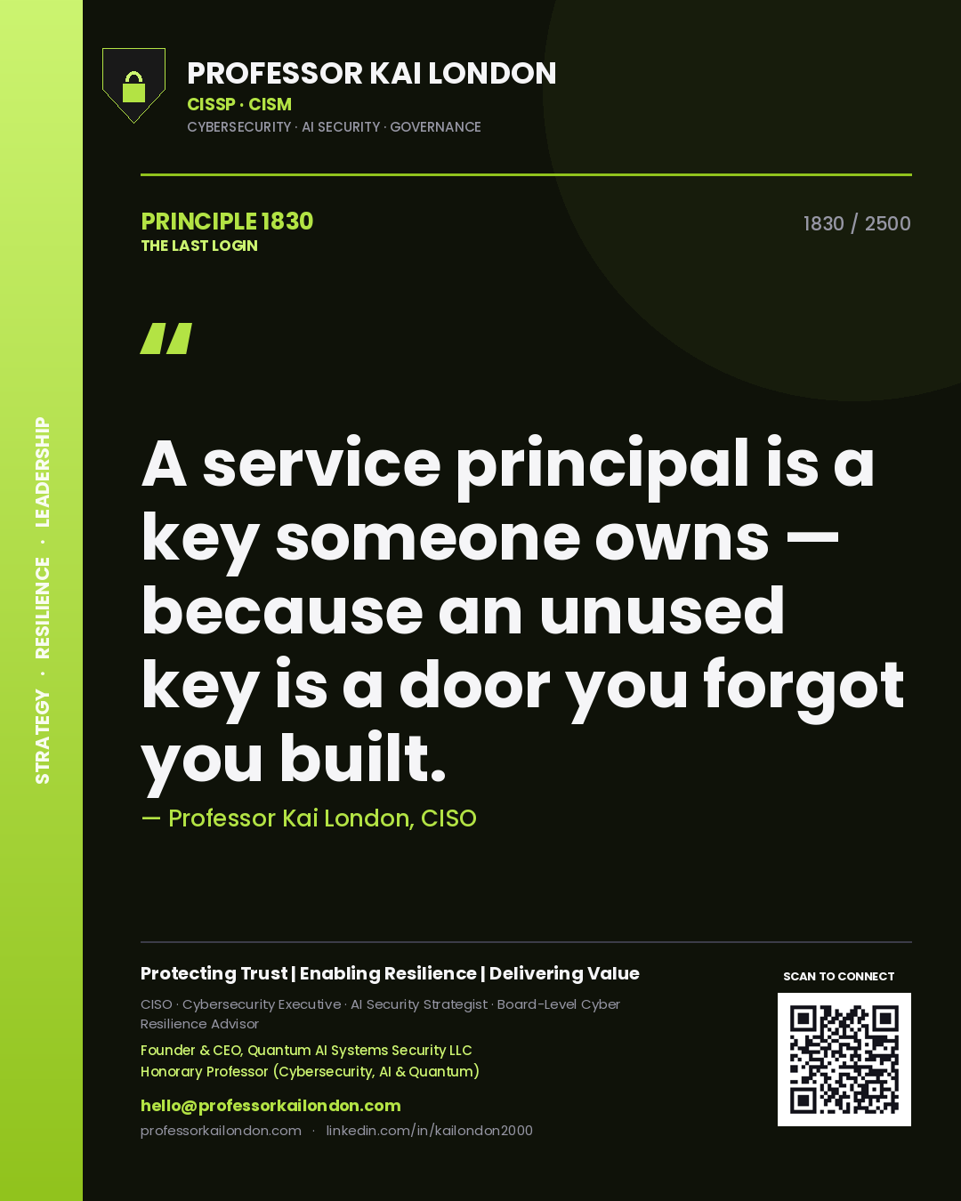Professor Kai London principle 1830: A service principal is a key someone owns — because an unused key is a door you forgot you built.