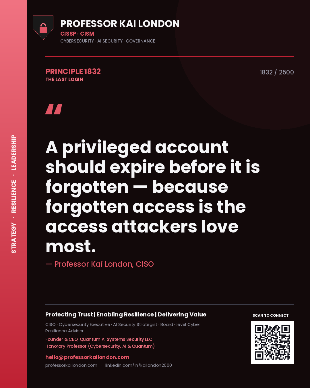 Professor Kai London principle 1832: A privileged account should expire before it is forgotten — because forgotten access is the access attackers love most.
