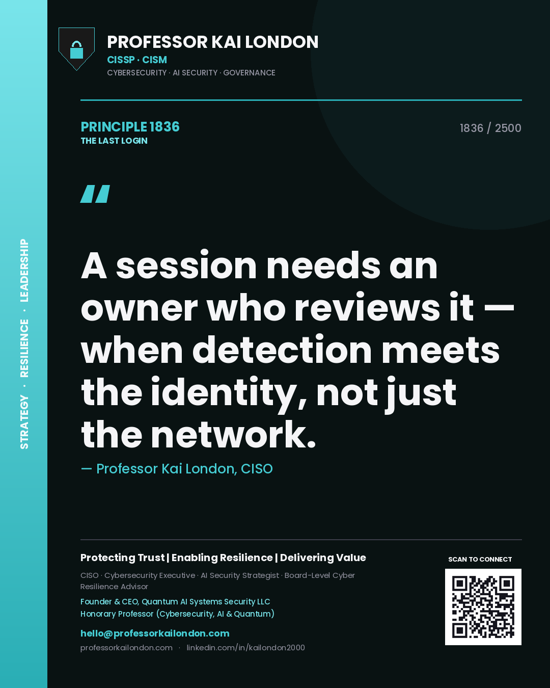 Professor Kai London principle 1836: A session needs an owner who reviews it — when detection meets the identity, not just the network.