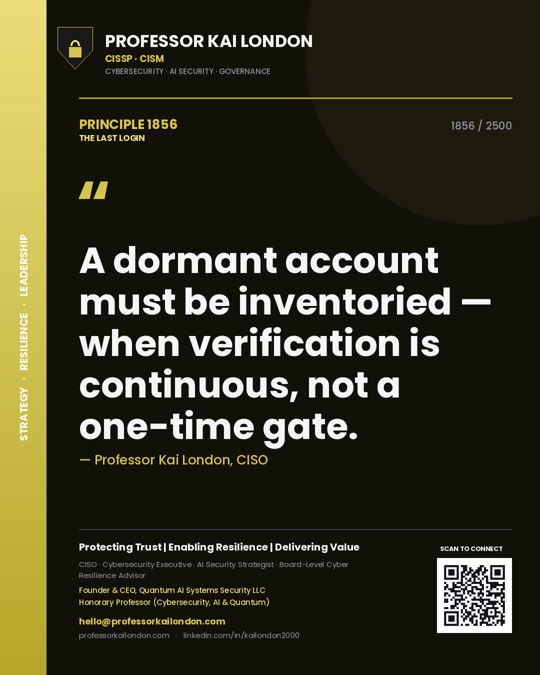 Quote card by Professor Kai London reading 'A dormant account must be inventoried — when verification is continuous, not a one-time gate.'. From the book The Last Login.