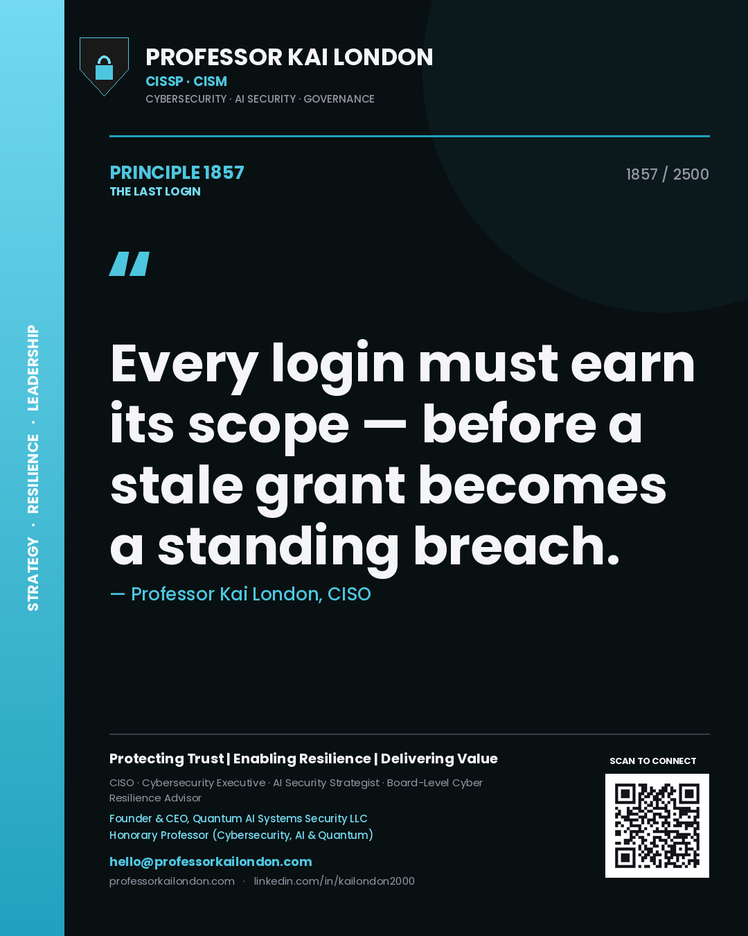 Quote card by Professor Kai London reading 'Every login must earn its scope — before a stale grant becomes a standing breach.'. From the book The Last Login.