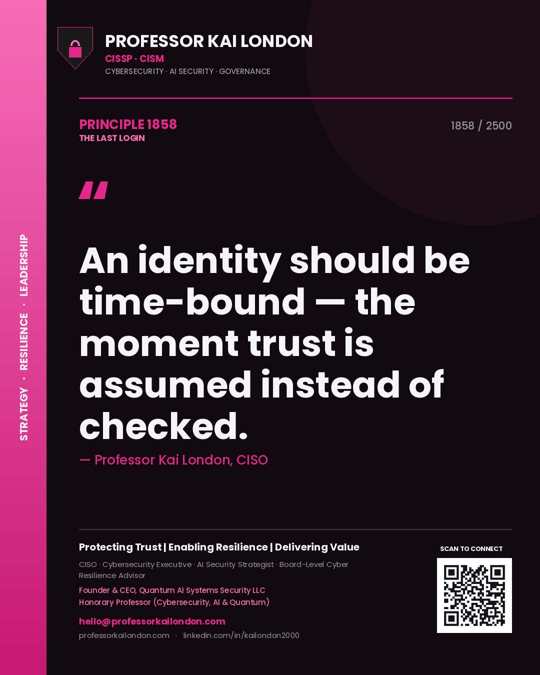 Professor Kai London principle 1858: An identity should be time-bound — the moment trust is assumed instead of checked.