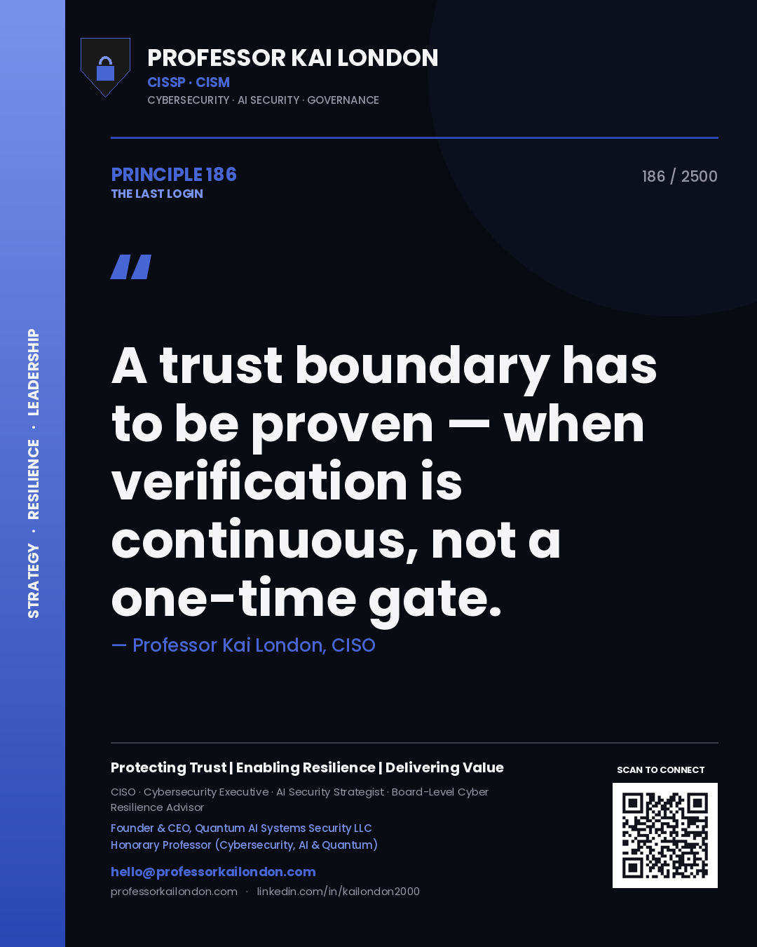 Quote card by Professor Kai London reading 'A trust boundary has to be proven — when verification is continuous, not a one-time gate.'. From the book The Last Login.