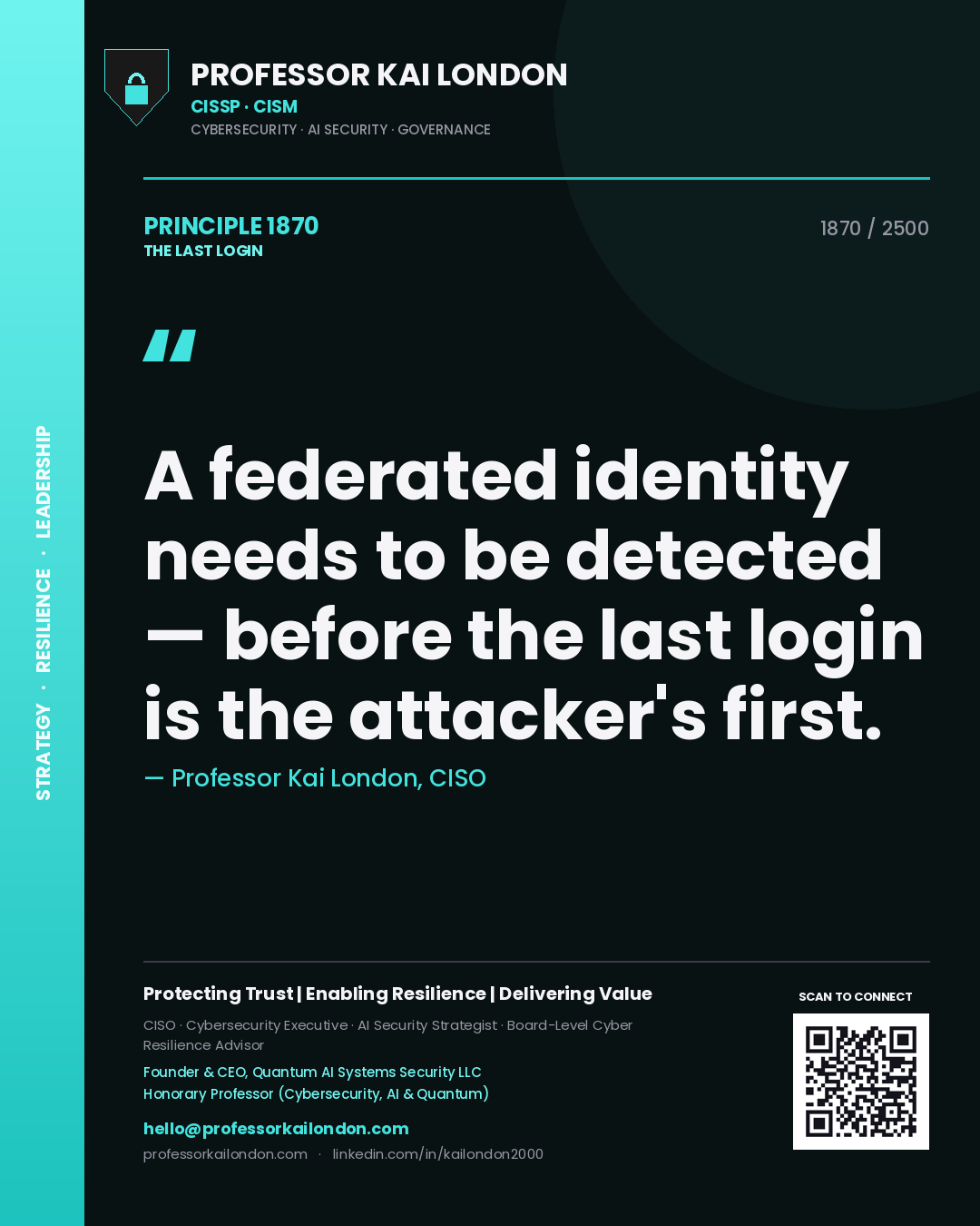 Professor Kai London principle 1870: A federated identity needs to be detected — before the last login is the attacker's first.