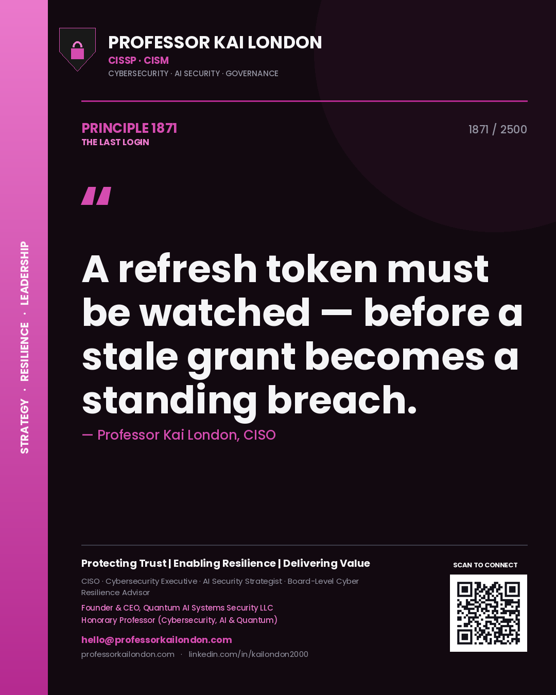 Professor Kai London principle 1871: A refresh token must be watched — before a stale grant becomes a standing breach.