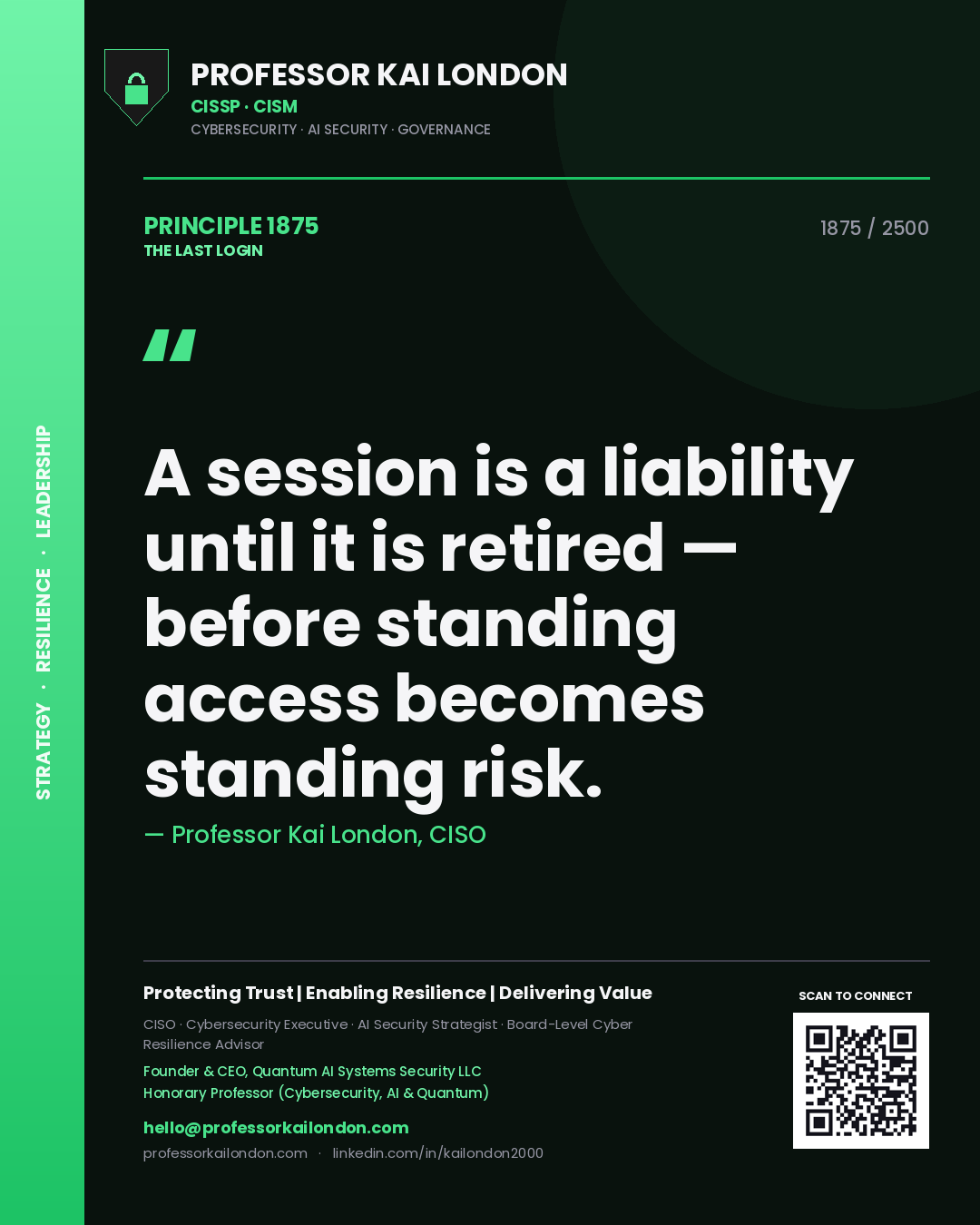 Professor Kai London principle 1875: A session is a liability until it is retired — before standing access becomes standing risk.