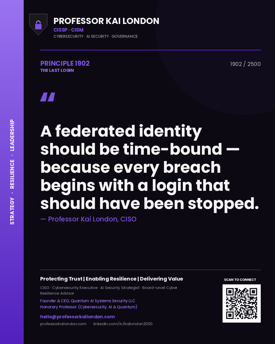 Quote card by Professor Kai London reading 'A federated identity should be time-bound — because every breach begins with a login that should have been stopped.'. From the book The Last Login.