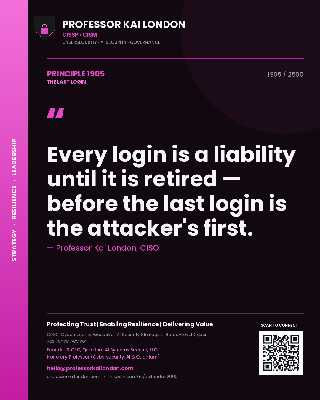 Quote card by Professor Kai London reading 'Every login is a liability until it is retired — before the last login is the attacker's first.'. From the book The Last Login.