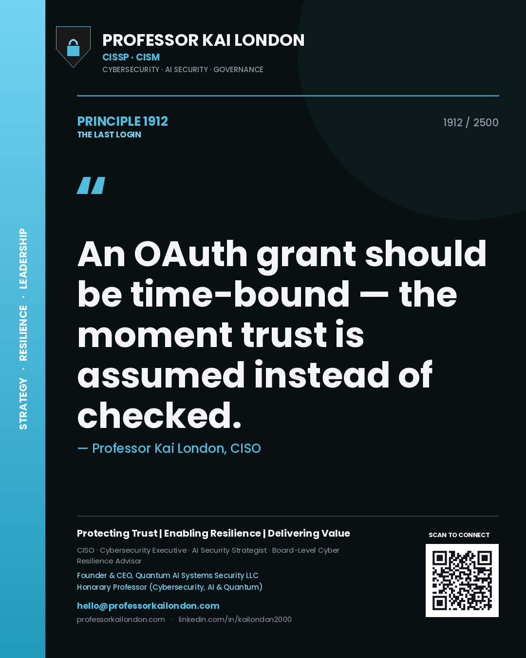 Professor Kai London principle 1912: An OAuth grant should be time-bound — the moment trust is assumed instead of checked.