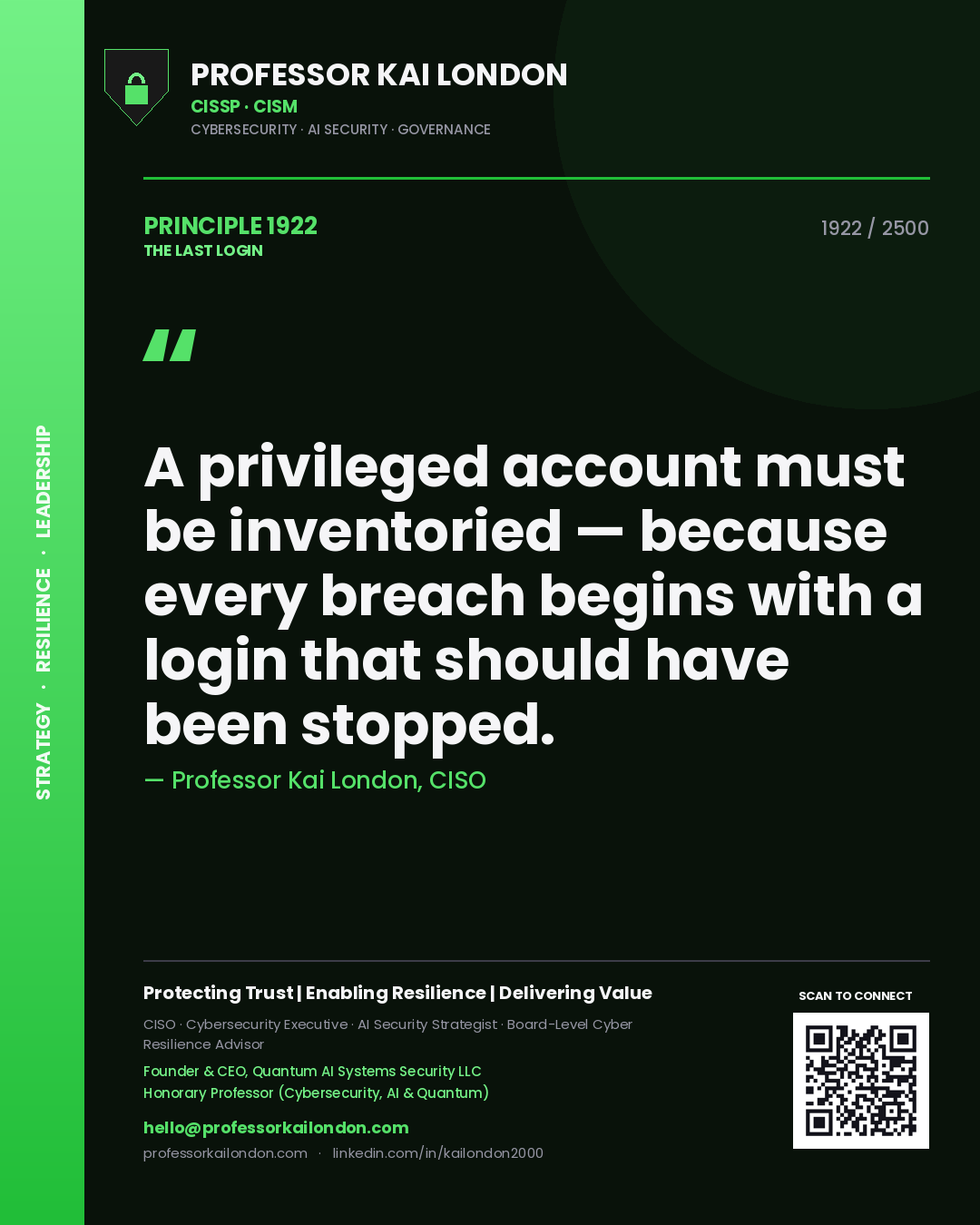 Quote card by Professor Kai London reading 'A privileged account must be inventoried — because every breach begins with a login that should have been stopped.'. From the book The Last Login.