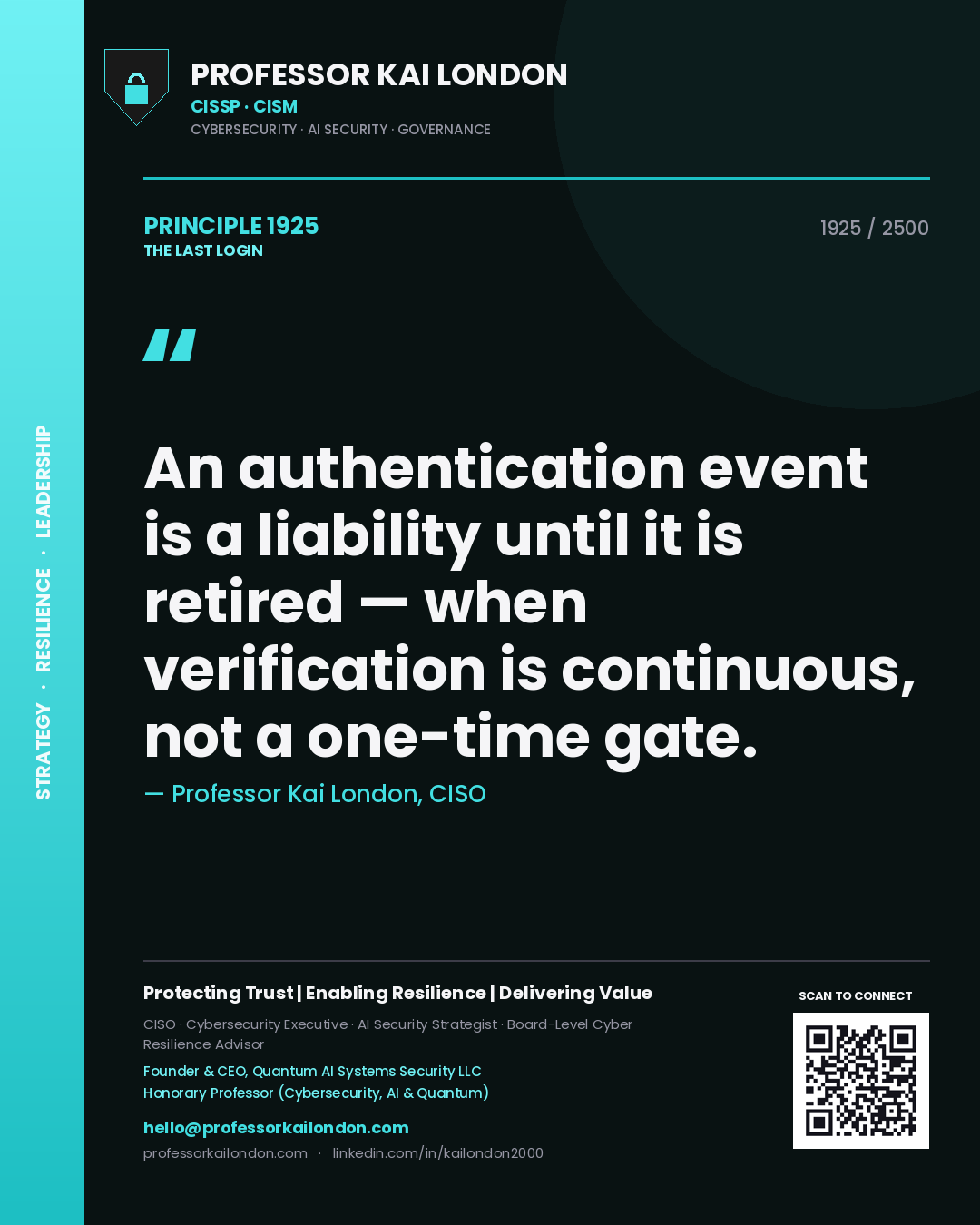Quote card by Professor Kai London reading 'An authentication event is a liability until it is retired — when verification is continuous, not a one-time gate.'. From the book The Last Login.