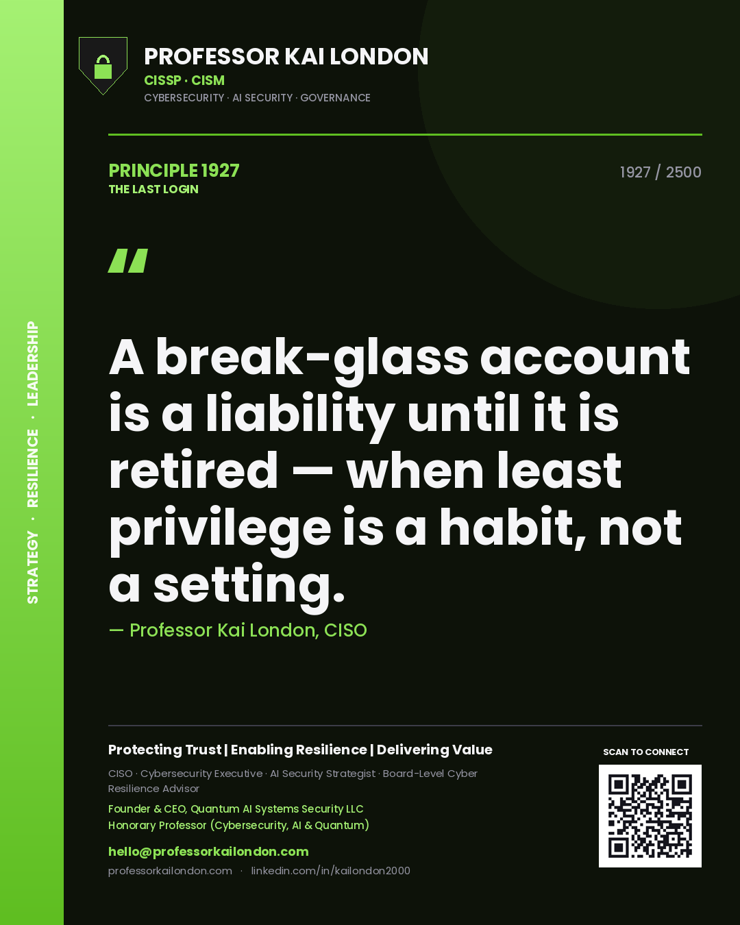 Quote card by Professor Kai London reading 'A break-glass account is a liability until it is retired — when least privilege is a habit, not a setting.'. From the book The Last Login.